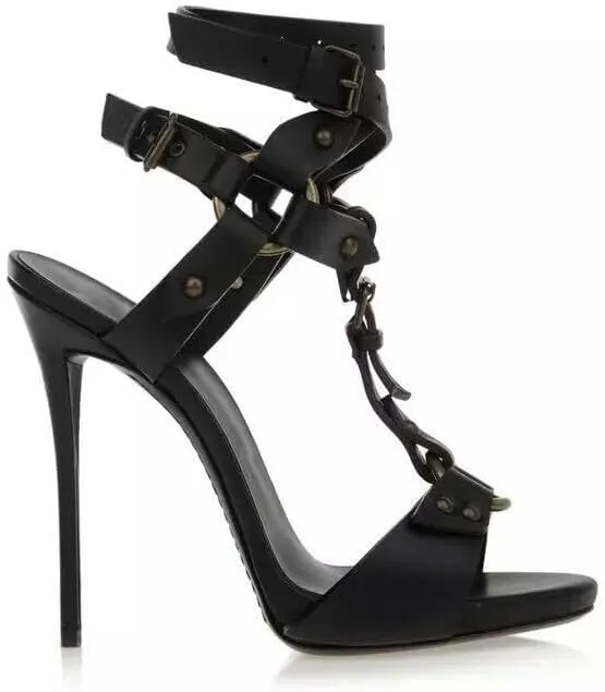 VERISSON Women's Peep Toe Buckle Strap Stiletto Sandals Grommets Rivet T-strap Band Open-back High Heels Nubuck Summer Sandals for Evening Party