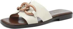Vertundy Women's Flat Slide Sandals Square Open Toe Low Heel Metal Chain Slip on Slippers Single Band Casual Shoes Comfortable Summer Shoes