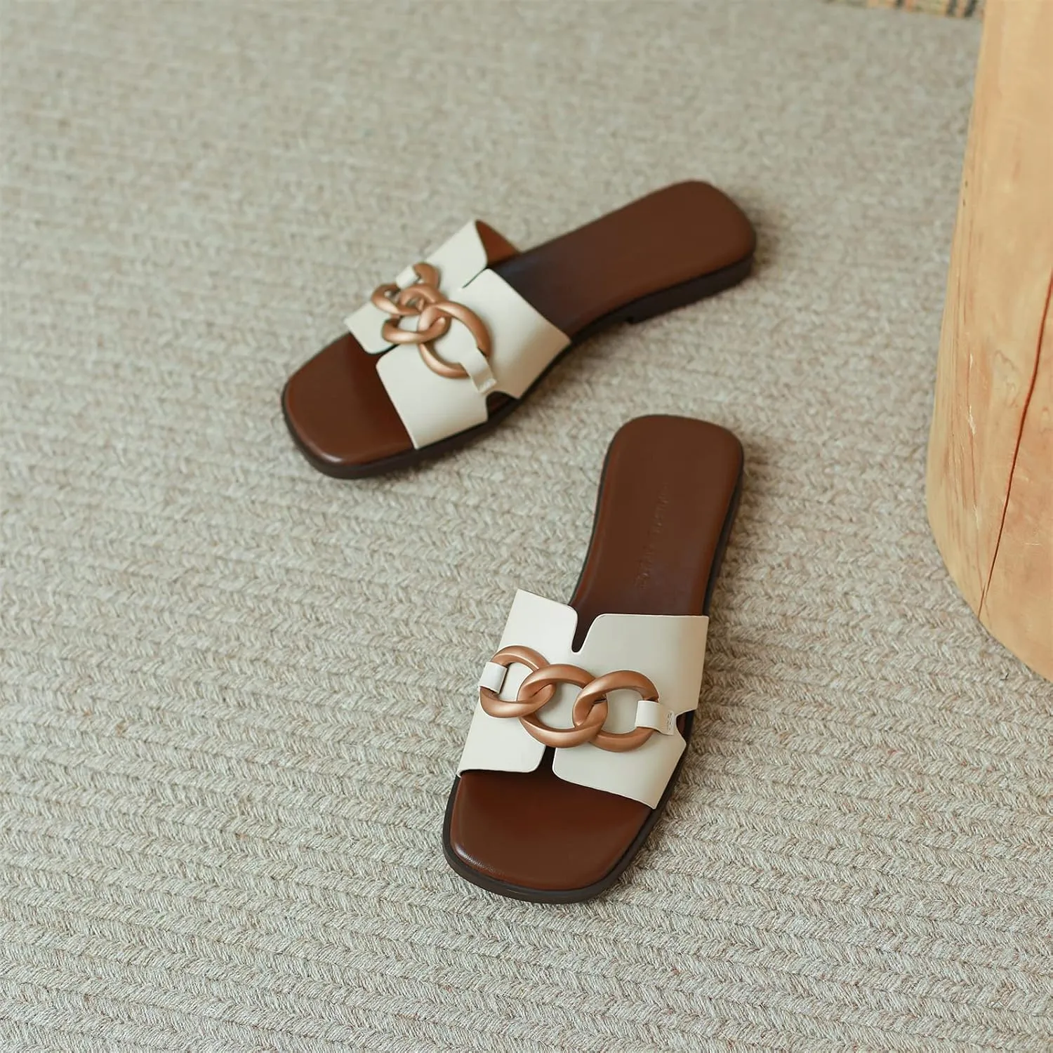Vertundy Women's Flat Slide Sandals Square Open Toe Low Heel Metal Chain Slip on Slippers Single Band Casual Shoes Comfortable Summer Shoes