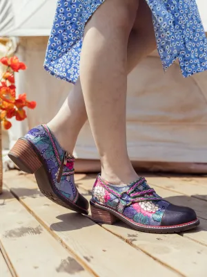 Vicconfy Genuine Leather Peony Print Strap-Accent Loafer