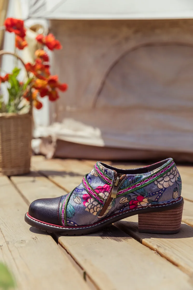 Vicconfy Genuine Leather Peony Print Strap-Accent Loafer