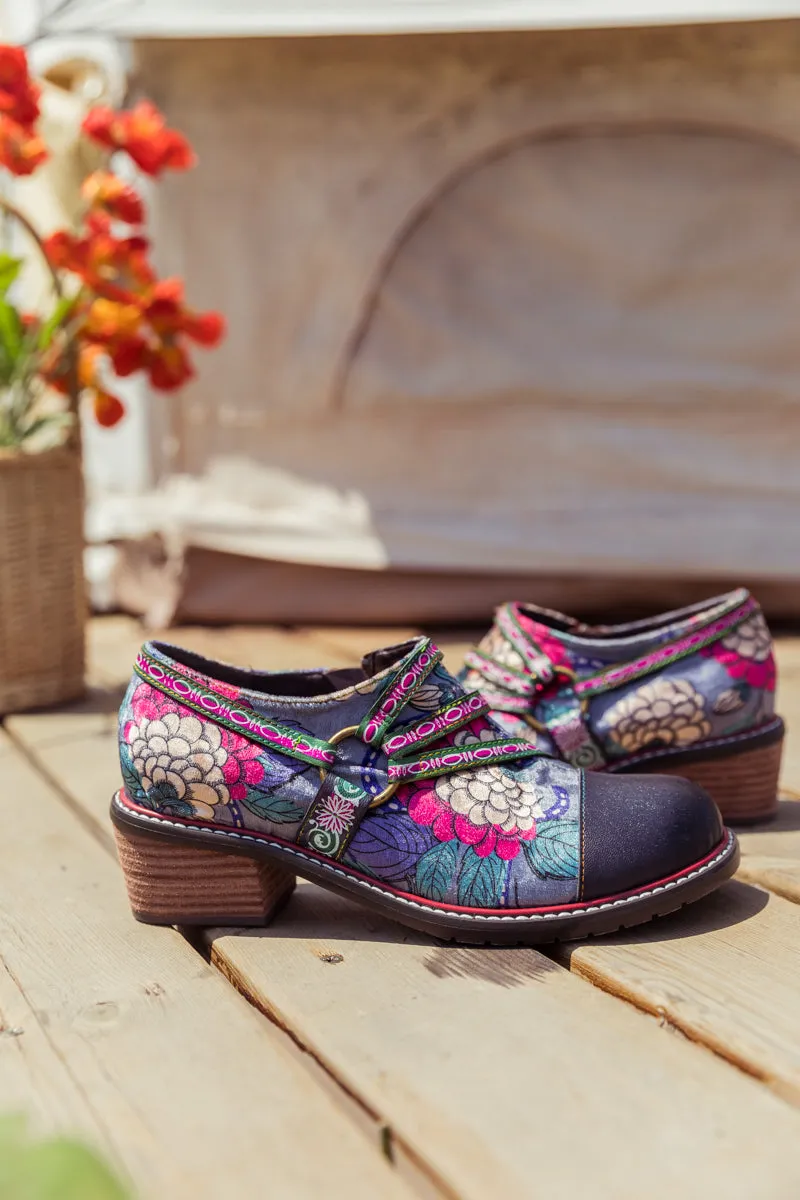 Vicconfy Genuine Leather Peony Print Strap-Accent Loafer