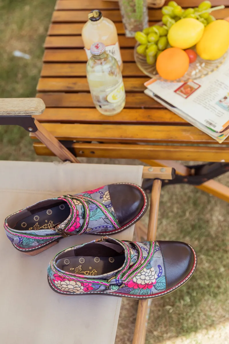 Vicconfy Genuine Leather Peony Print Strap-Accent Loafer