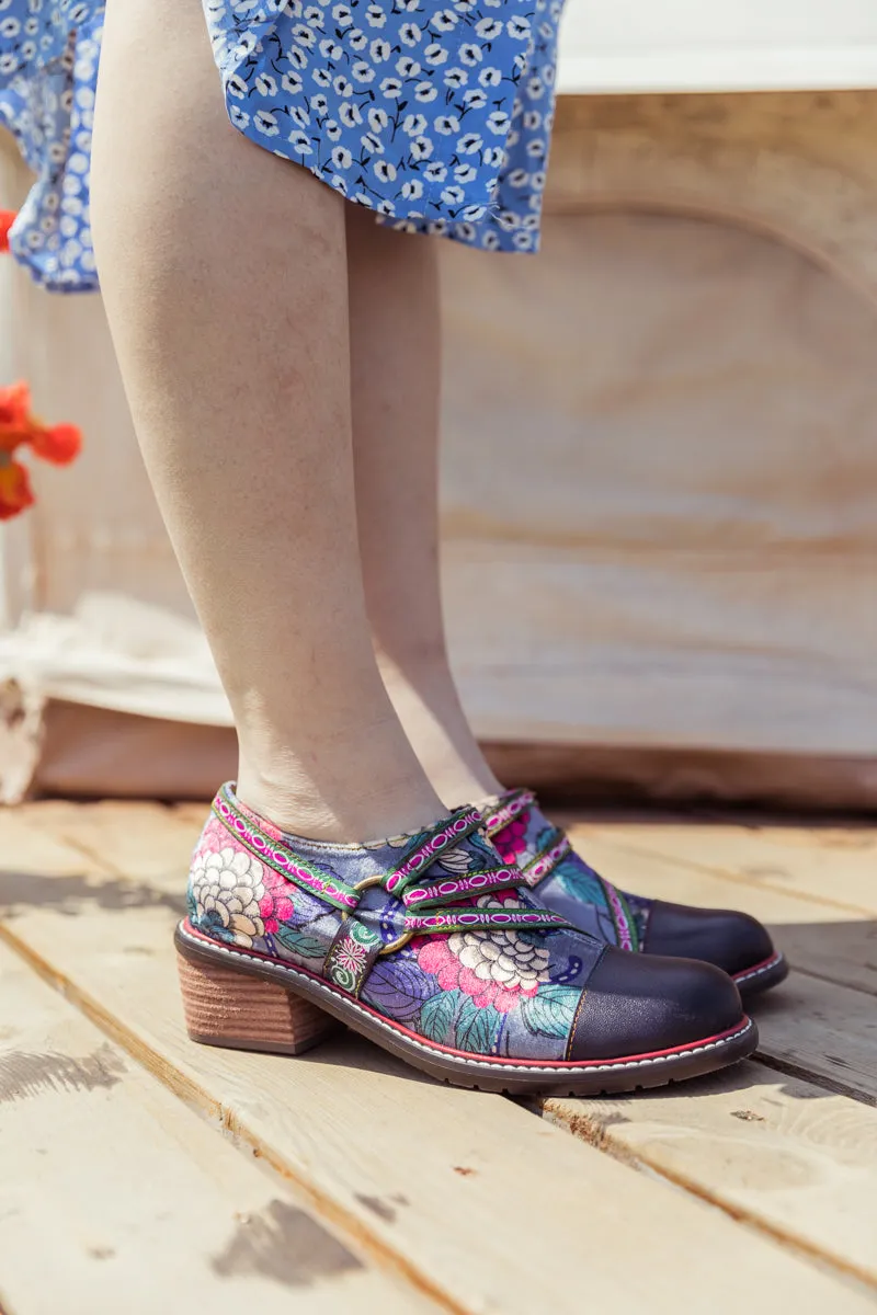 Vicconfy Genuine Leather Peony Print Strap-Accent Loafer