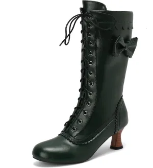 Victorian Boots for Women Vintage Bow Mid Calf Boots Costume Lace Up Goth Boots Halloween Witch Stuff Cuban Heel Mid Boots