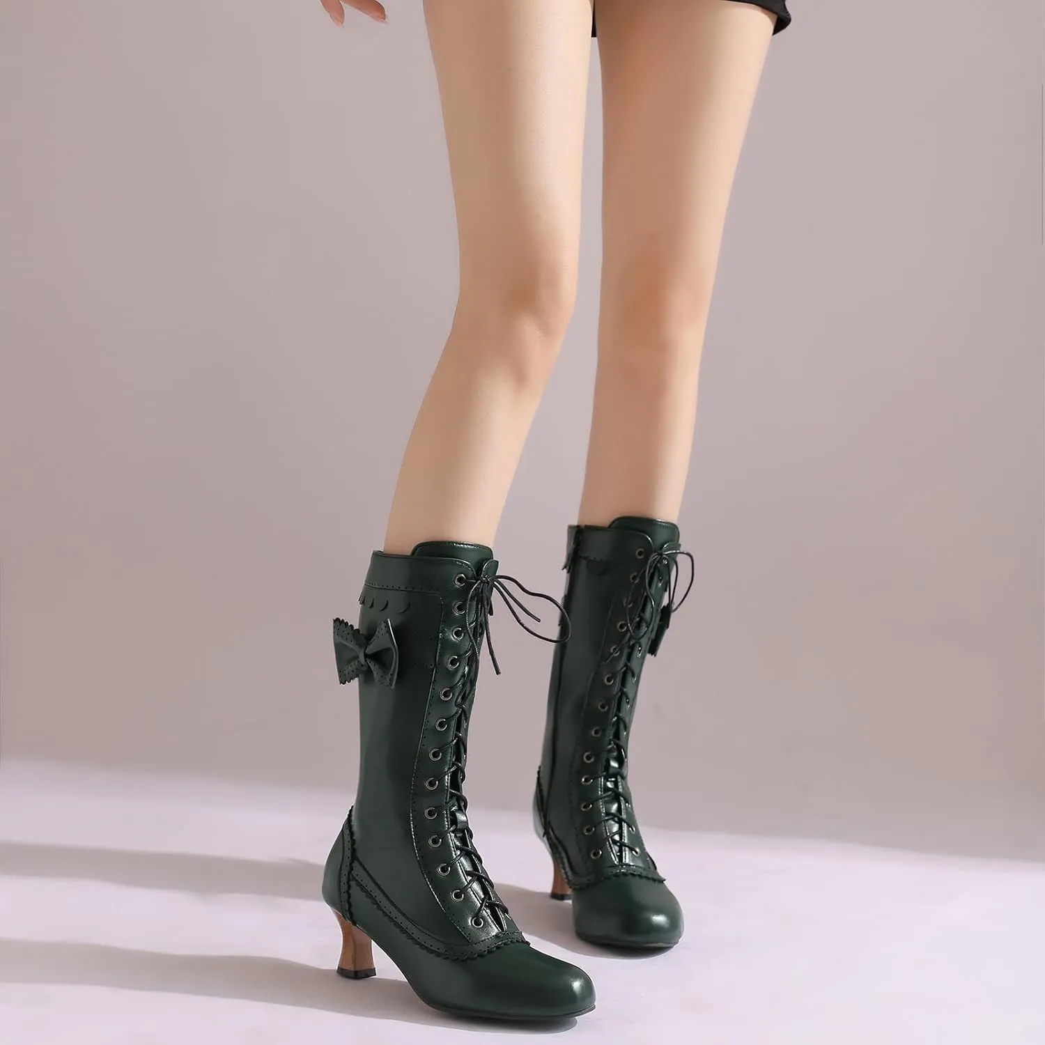 Victorian Boots for Women Vintage Bow Mid Calf Boots Costume Lace Up Goth Boots Halloween Witch Stuff Cuban Heel Mid Boots