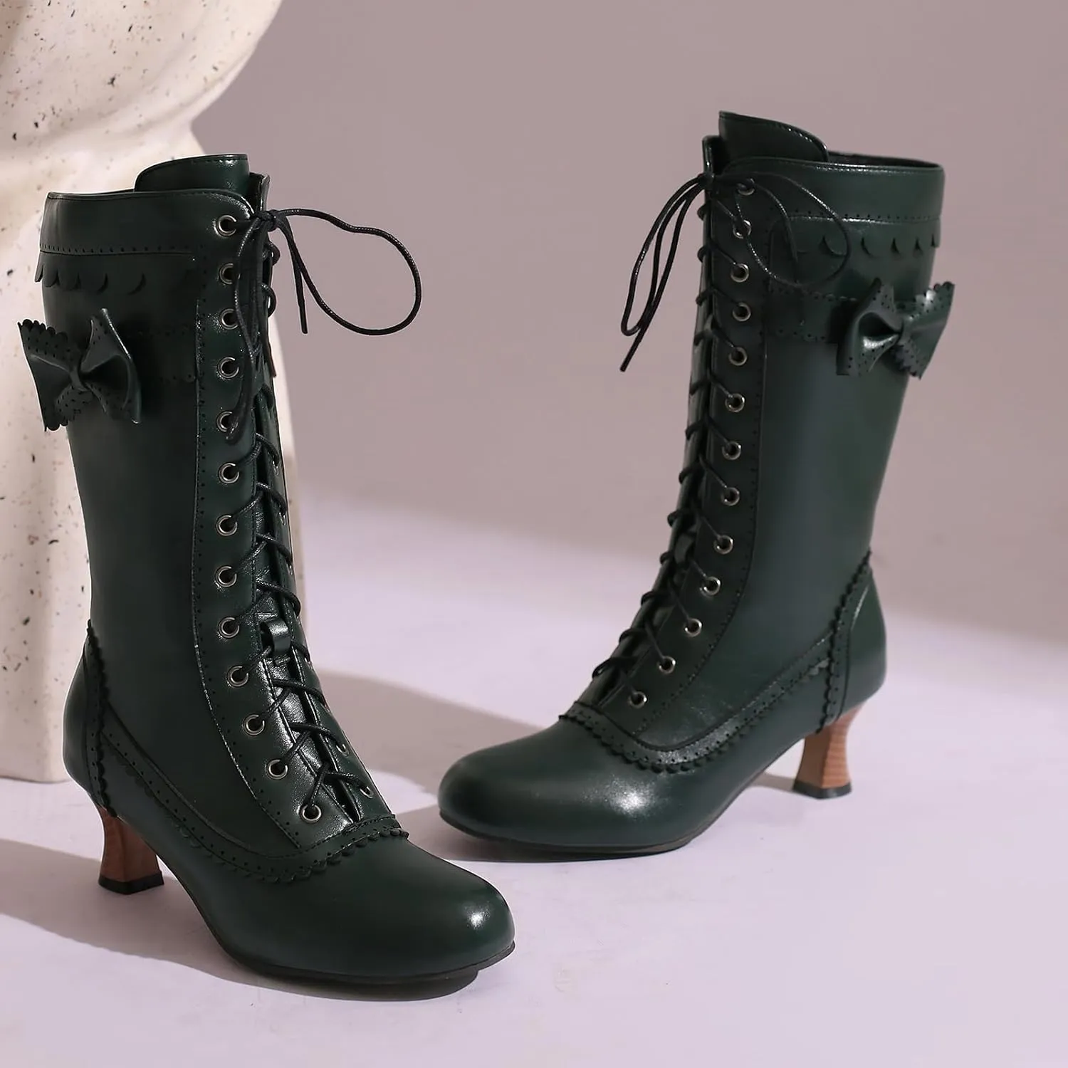 Victorian Boots for Women Vintage Bow Mid Calf Boots Costume Lace Up Goth Boots Halloween Witch Stuff Cuban Heel Mid Boots
