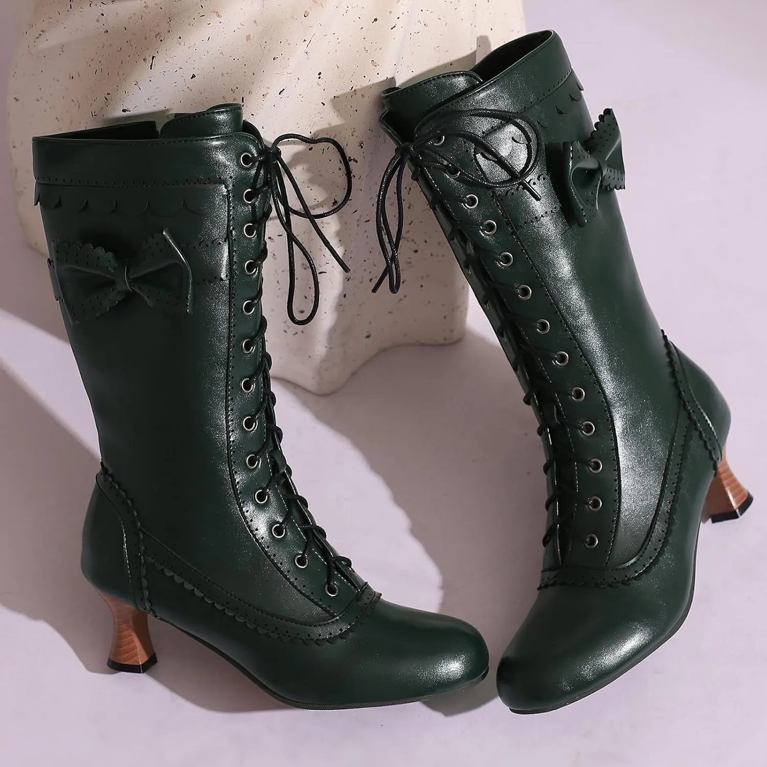 Victorian Boots for Women Vintage Bow Mid Calf Boots Costume Lace Up Goth Boots Halloween Witch Stuff Cuban Heel Mid Boots