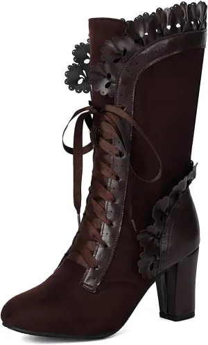Victorian Boots for Women Vintage Bow Ruffles Goth Boots Costume Lace Up 70S Retro Boots Halloween Witch Stuff Cuban Heel Mid Calf Boots