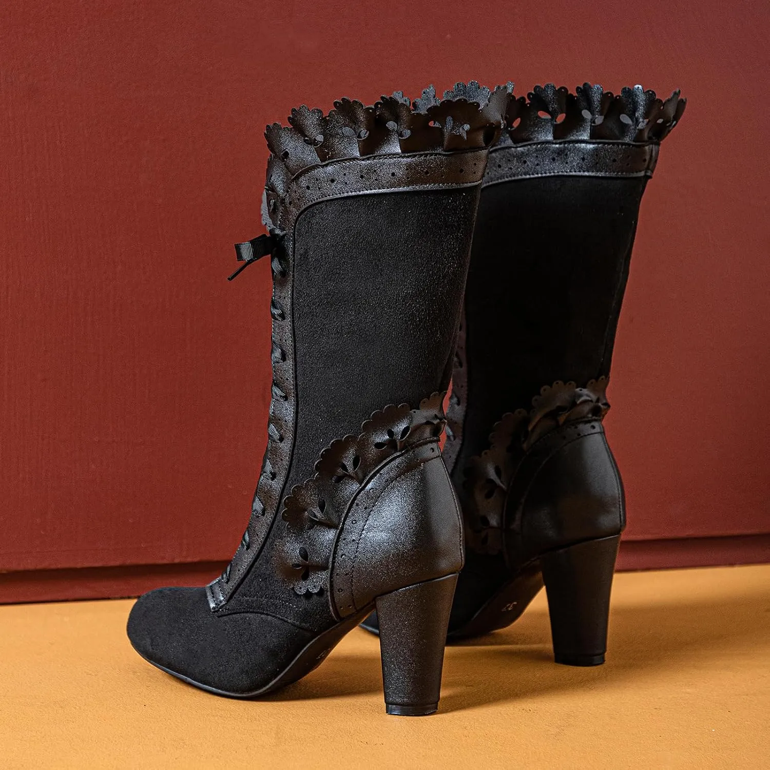 Victorian Boots for Women Vintage Bow Ruffles Goth Boots Costume Lace Up 70S Retro Boots Halloween Witch Stuff Cuban Heel Mid Calf Boots