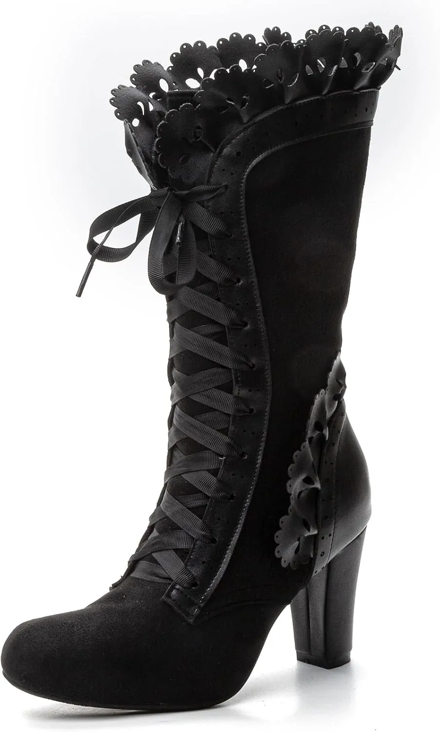 Victorian Boots for Women Vintage Bow Ruffles Goth Boots Costume Lace Up 70S Retro Boots Halloween Witch Stuff Cuban Heel Mid Calf Boots
