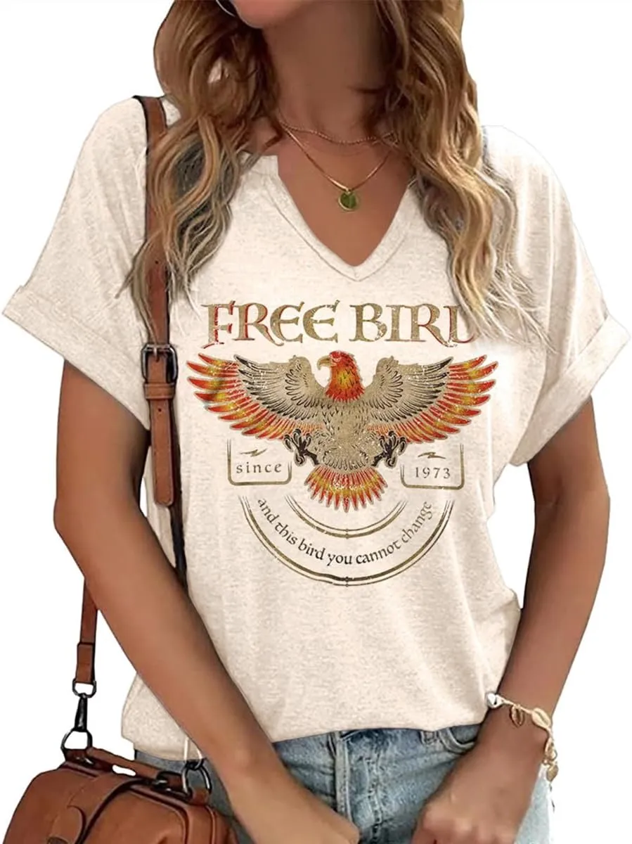 Vintage Rock Band T Shirt for Women Fashion Musical Tees Casual Sexy Notched V-Neck T Shirts Country Music Short Sleeve Tees…