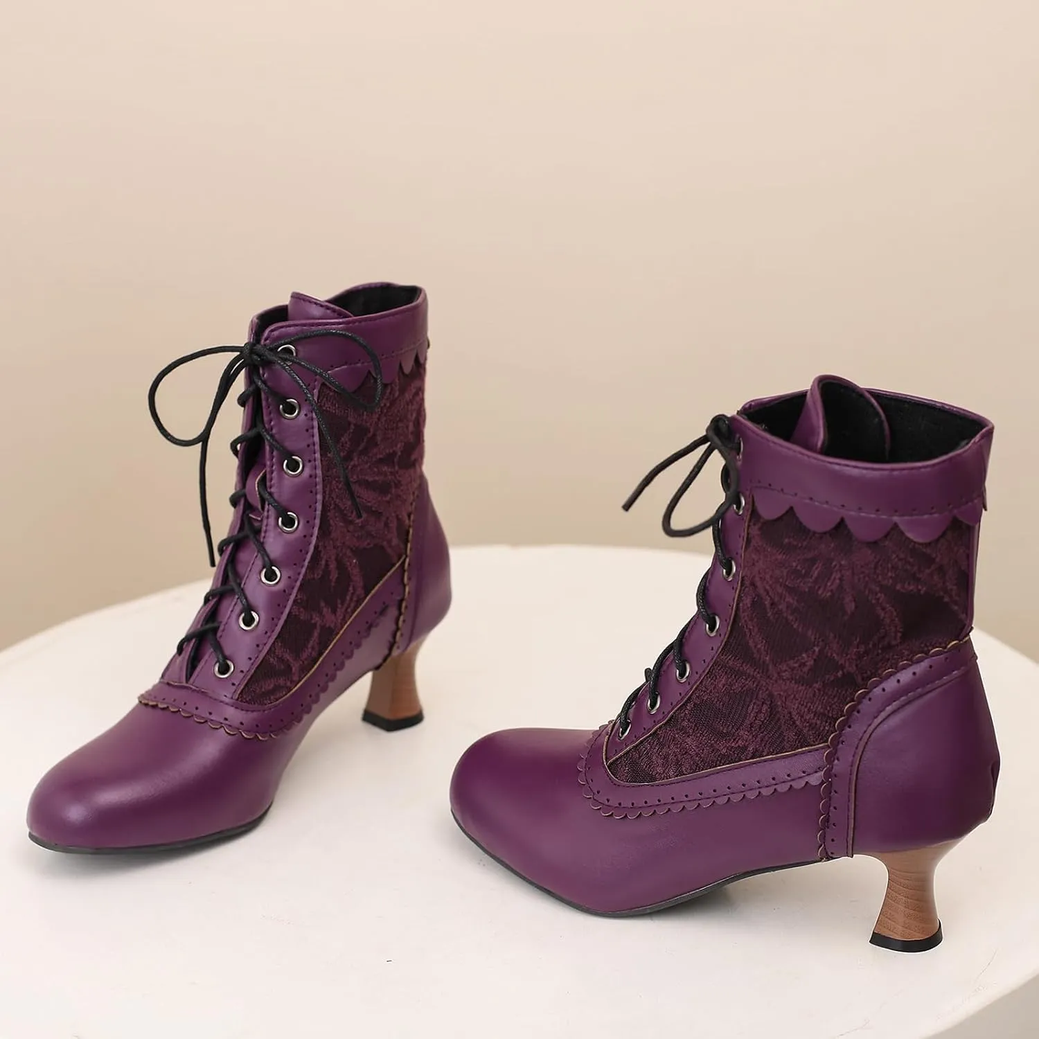 Vintage Victorian Boots for Women Kitten Heel Lace Ruffles Granny Boots Lace Up Ankle-High Booties