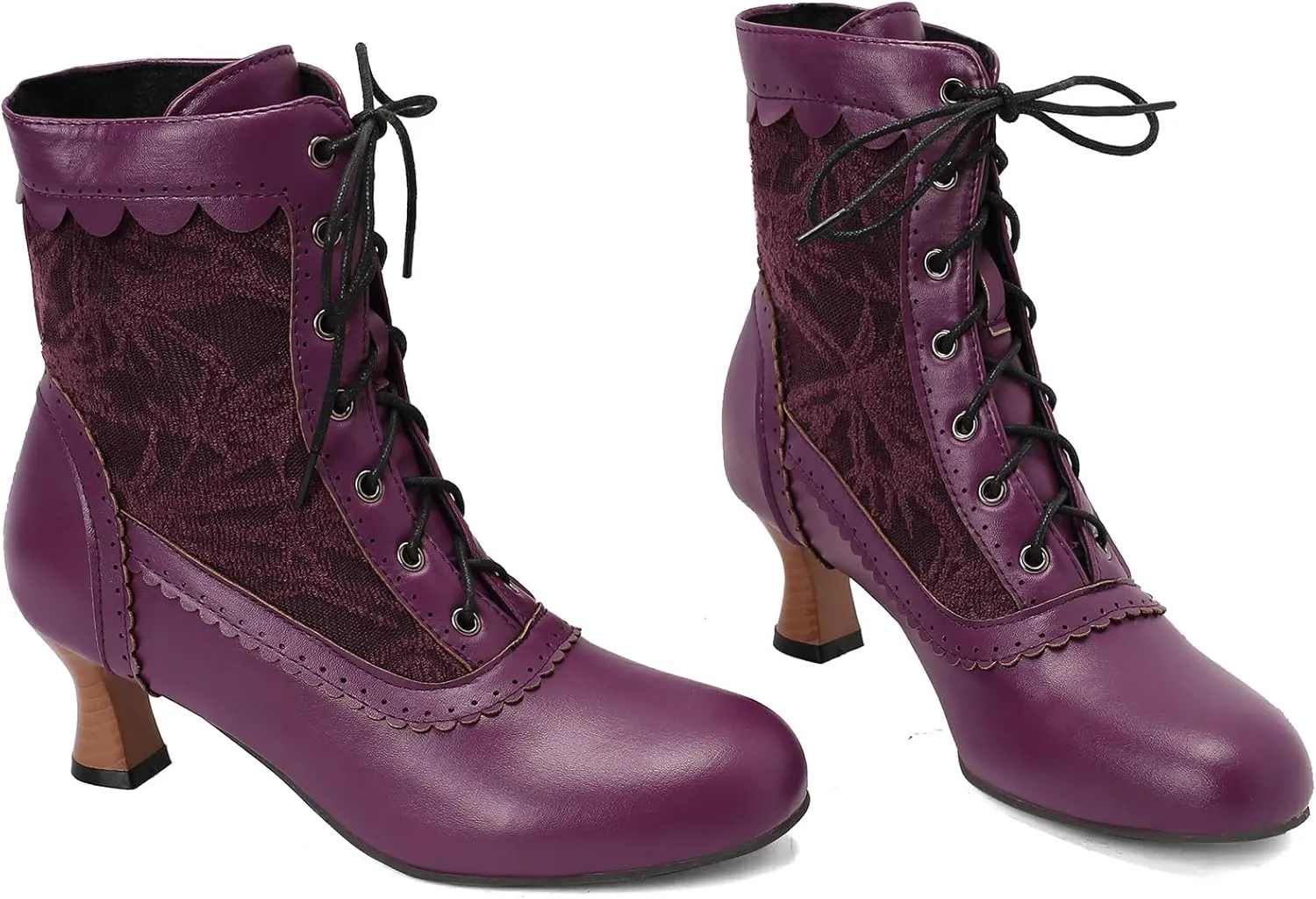 Vintage Victorian Boots for Women Kitten Heel Lace Ruffles Granny Boots Lace Up Ankle-High Booties