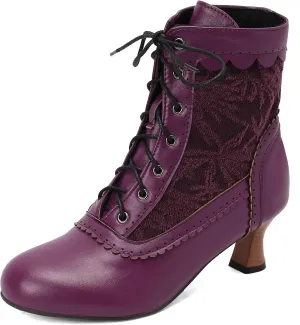 Vintage Victorian Boots for Women Kitten Heel Lace Ruffles Granny Boots Lace Up Ankle-High Booties