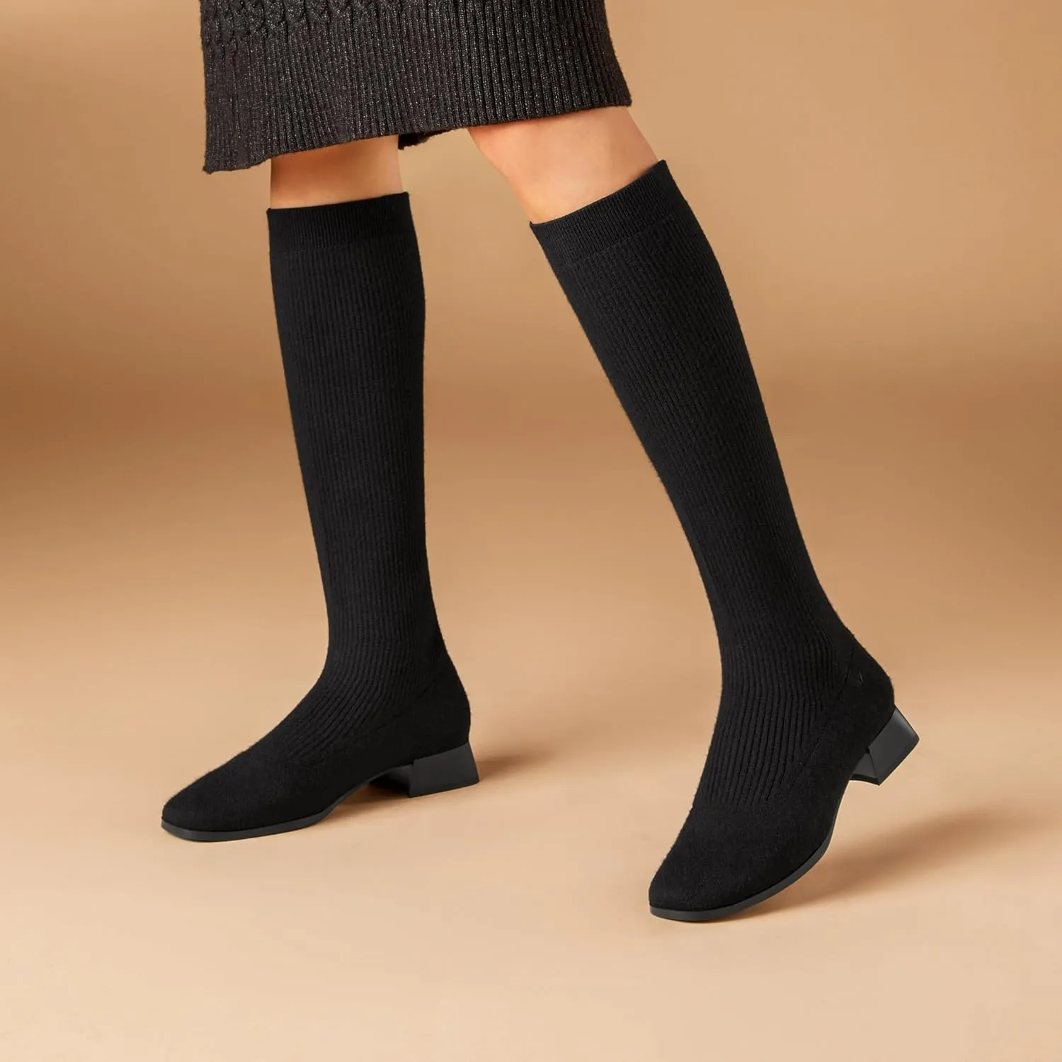 VIVAIA Tara Pro Women's Water Repellent Wool Knee-High Boots Slip on Square-Toe Booties 1.18'' Block Heel Booties Lady Dress Short Winter Fall Boots