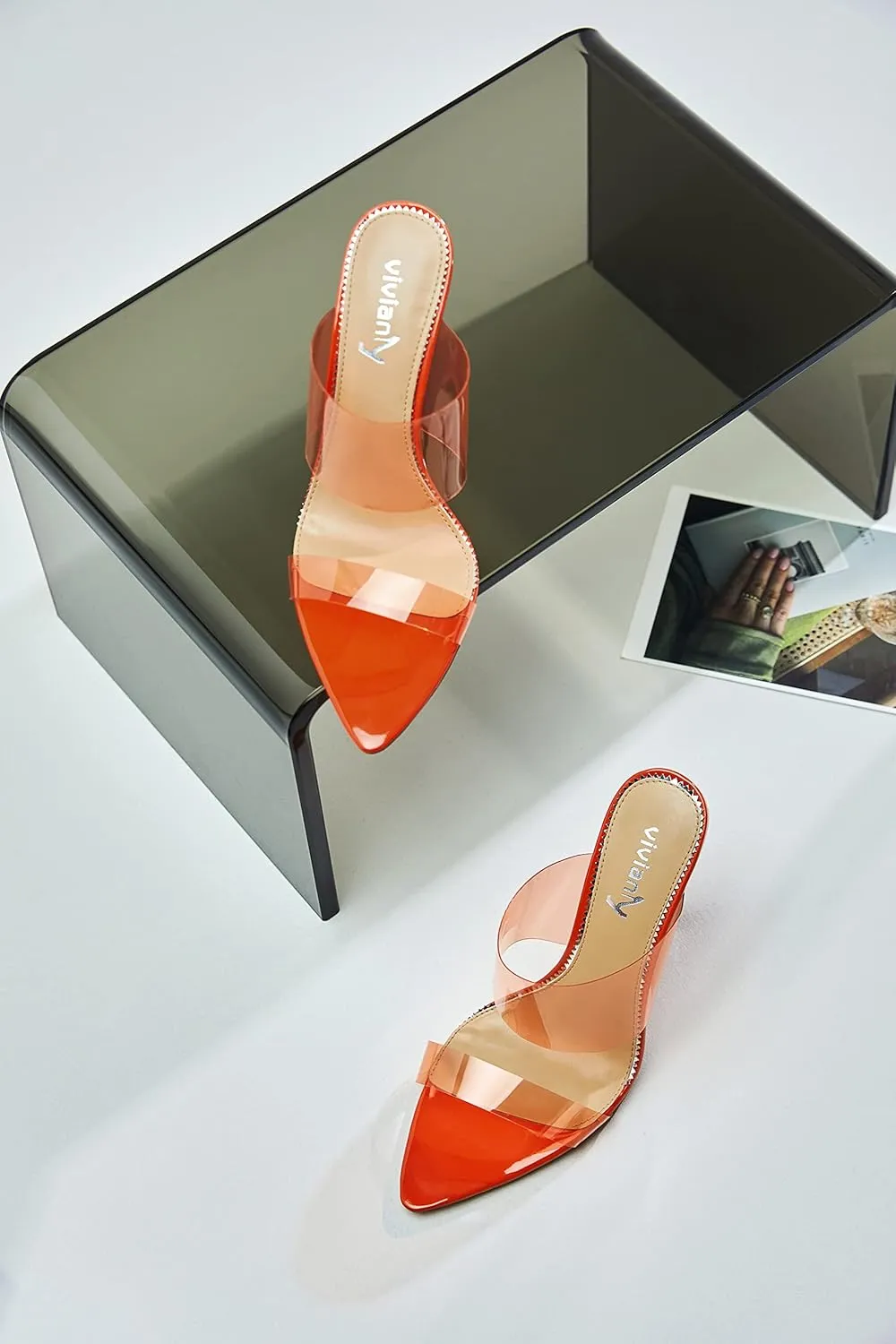 vivianly Clear Pointed Toe Heels Sandals Transparent Strap Stiletto High Heels Slip on Mules for Women