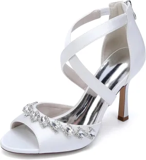 Wedding Bridal Shoes Womens Sandals Open Toe Bride Stiletto Sandals Ankle Strap High Heel Sandals Women 9.5Cm