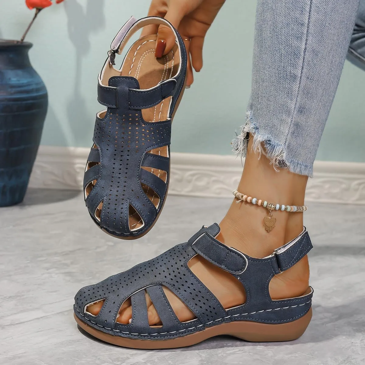 Wedge Orthopedic Sandals for Women Comfortable Closed Toe Summer Sandals Comfortable Hollow Out Sandal with Arch Support