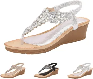 Wedge Sandals for Women Dressy Women's Bohemian Rhinestone Fashion Summer Beach Sandal Elastic Ankle Strap Casual Sandals