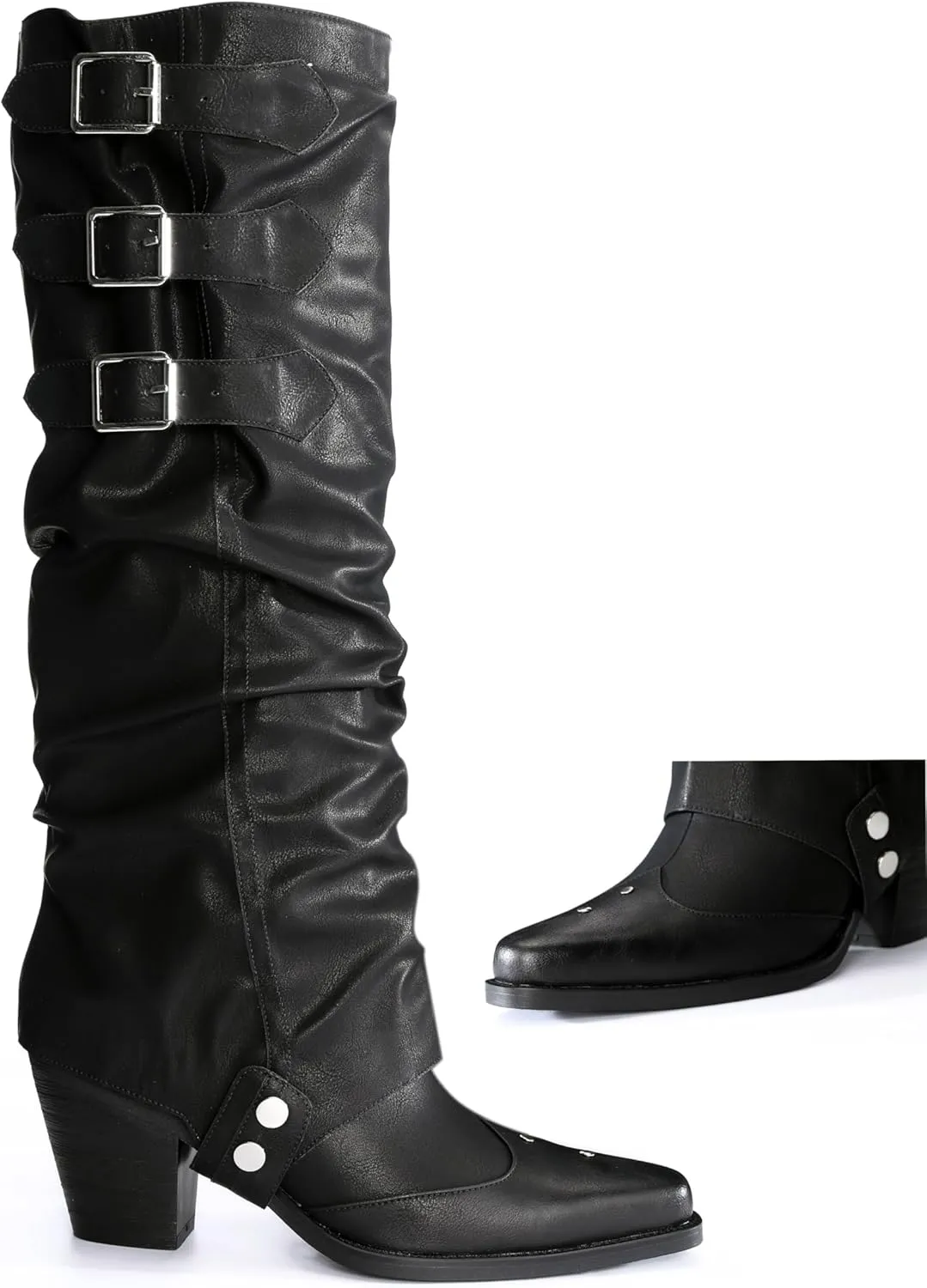 Western Cowboy Knee High Boots for Women, and Chunky Sole Block Heel Pointed Toe Two-ways Wear Tall Shoes, and Soft Vintage Antique Burnished PU Leather Classic Retro Long Boots