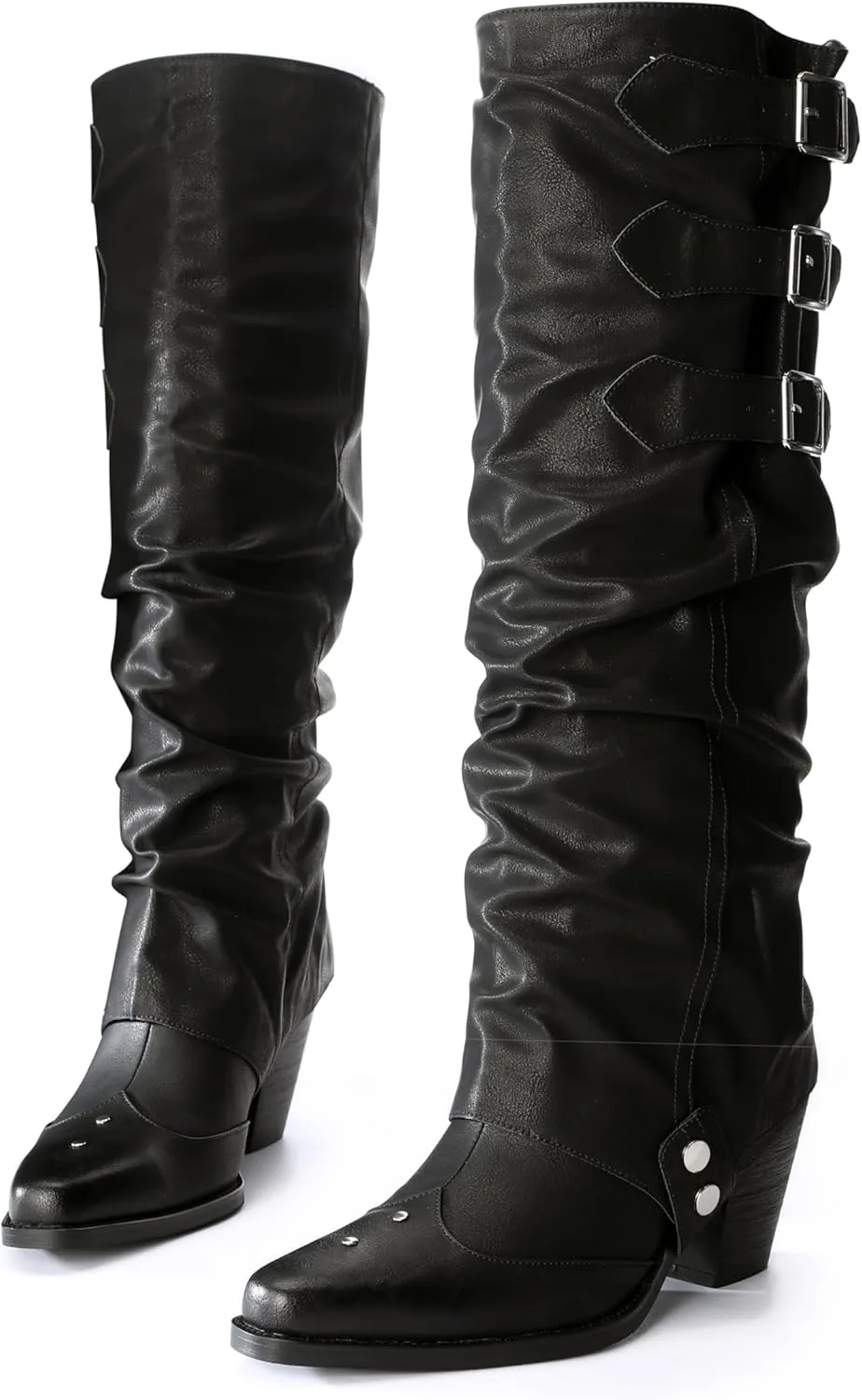 Western Cowboy Knee High Boots for Women, and Chunky Sole Block Heel Pointed Toe Two-ways Wear Tall Shoes, and Soft Vintage Antique Burnished PU Leather Classic Retro Long Boots