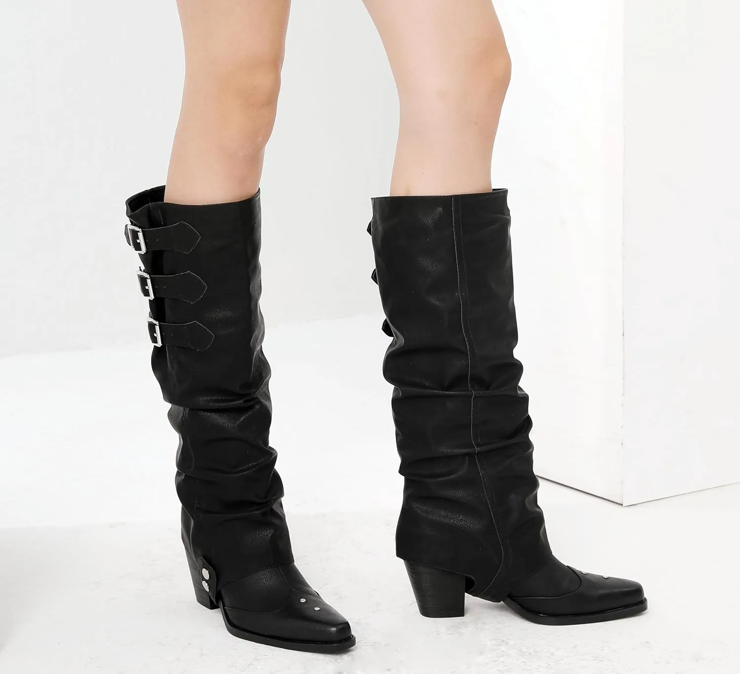 Western Cowboy Knee High Boots for Women, and Chunky Sole Block Heel Pointed Toe Two-ways Wear Tall Shoes, and Soft Vintage Antique Burnished PU Leather Classic Retro Long Boots
