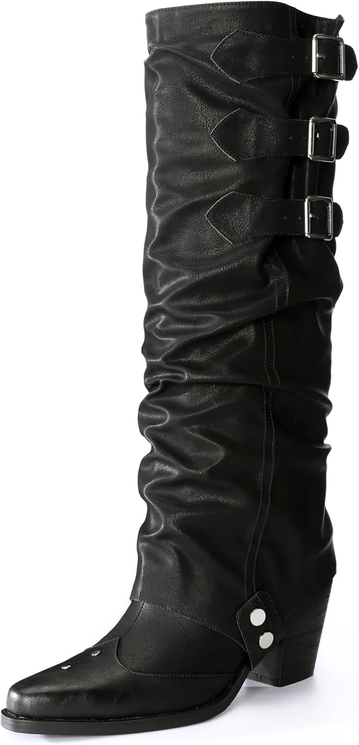 Western Cowboy Knee High Boots for Women, and Chunky Sole Block Heel Pointed Toe Two-ways Wear Tall Shoes, and Soft Vintage Antique Burnished PU Leather Classic Retro Long Boots