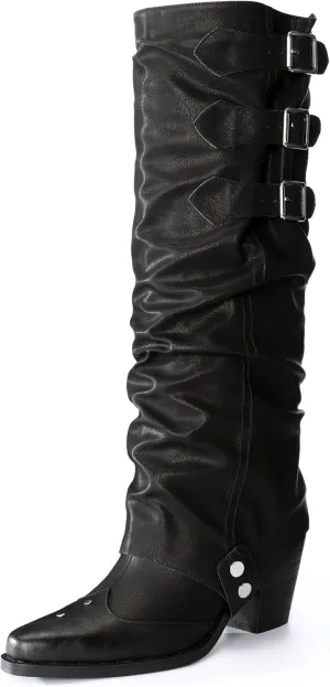 Western Cowboy Knee High Boots for Women, and Chunky Sole Block Heel Pointed Toe Two-ways Wear Tall Shoes, and Soft Vintage Antique Burnished PU Leather Classic Retro Long Boots