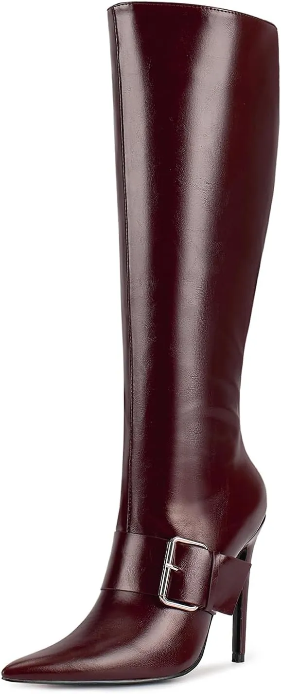 wetkiss Knee High Boots Women With Side Zipper Pointed Toe Stiletto High Heels for Narrow Feet Narrow Calf Thin calf