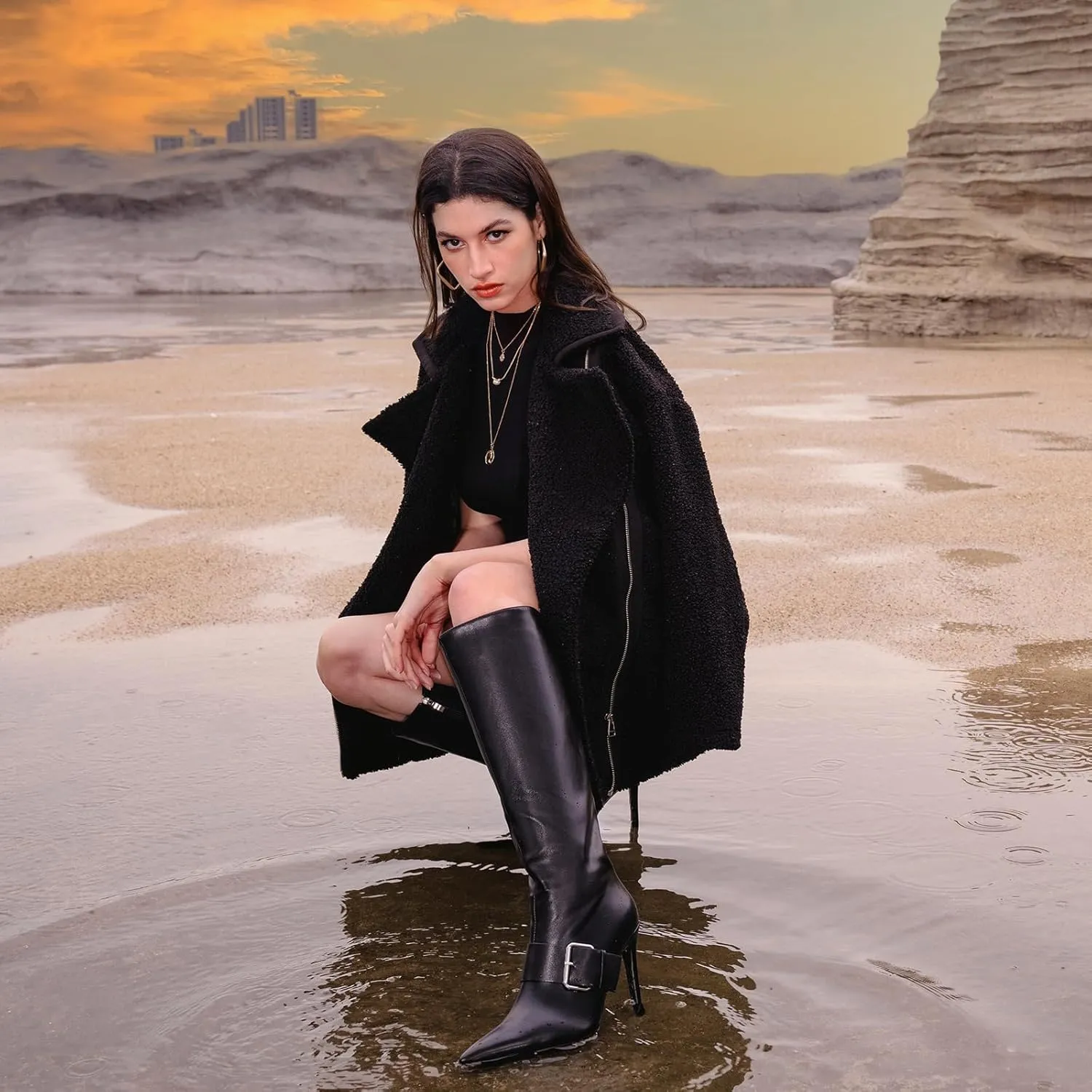 wetkiss Knee High Boots Women With Side Zipper Pointed Toe Stiletto High Heels for Narrow Feet Narrow Calf Thin calf