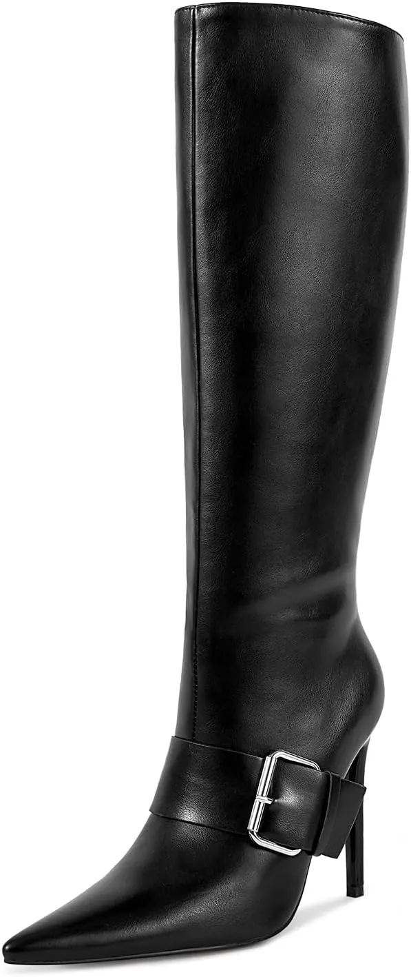 wetkiss Knee High Boots Women With Side Zipper Pointed Toe Stiletto High Heels for Narrow Feet Narrow Calf Thin calf