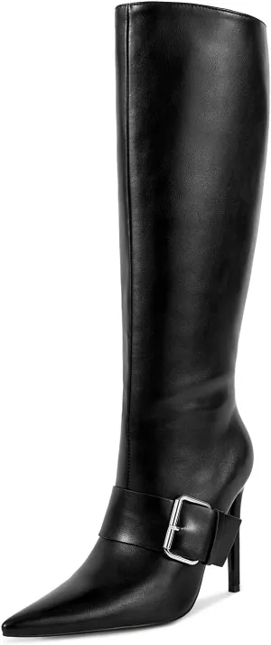 wetkiss Knee High Boots Women With Side Zipper Pointed Toe Stiletto High Heels for Narrow Feet Narrow Calf Thin calf