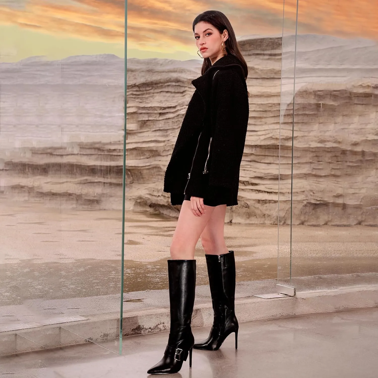 wetkiss Knee High Boots Women With Side Zipper Pointed Toe Stiletto High Heels for Narrow Feet Narrow Calf Thin calf