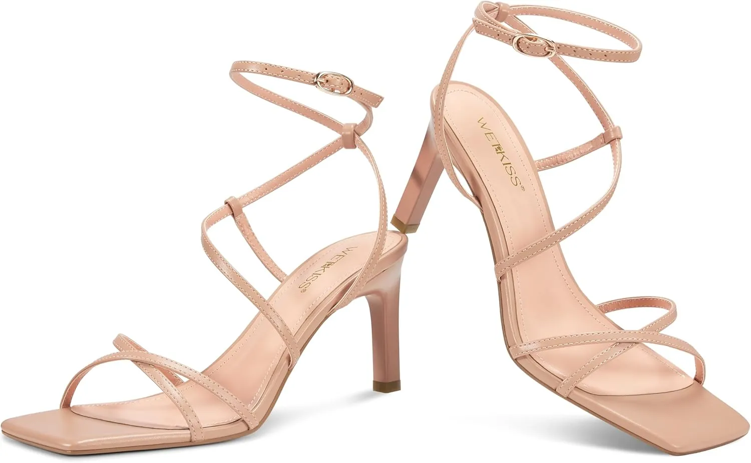 wetkiss Rude Heels for Women Strappy Heels Womens Heeled Sandals Ankle Strap Heel Nude High Heel Sandals Square Toe Open Toe Stiletto Summer Comfortable Prom Dressy Shoes
