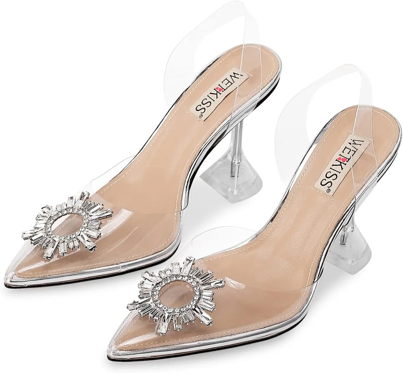 wetkiss Silver Heels for Bride - Sparkly Wedding Heels with Rhinestones, Strappy Closed Toe Pumps for Women, Formal Shoes