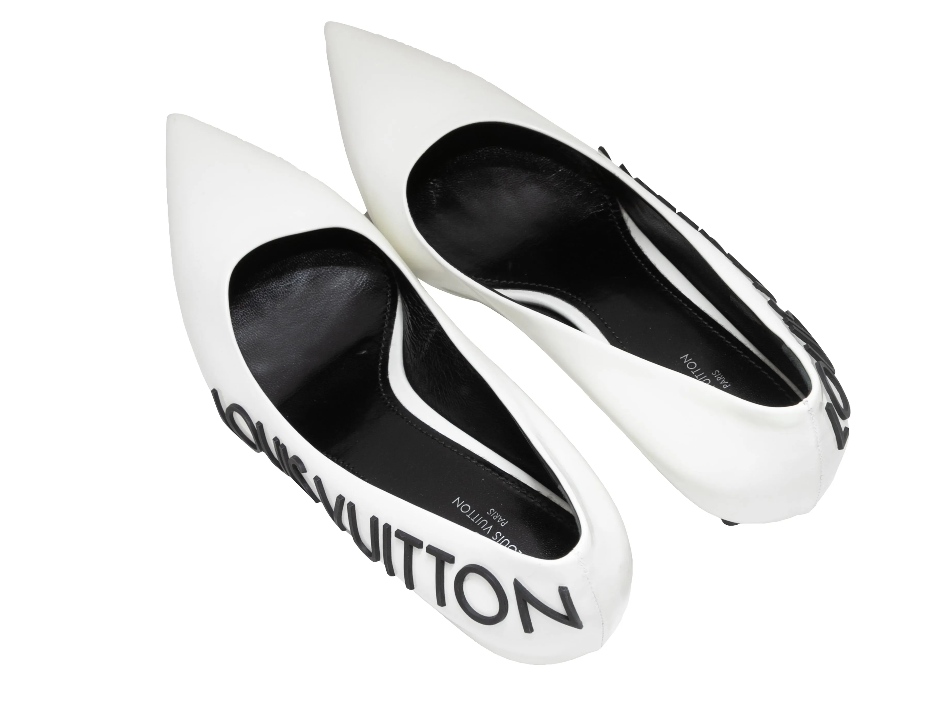 White & Black Louis Vuitton Pointed-Toe Spellout Pumps Size 39.5