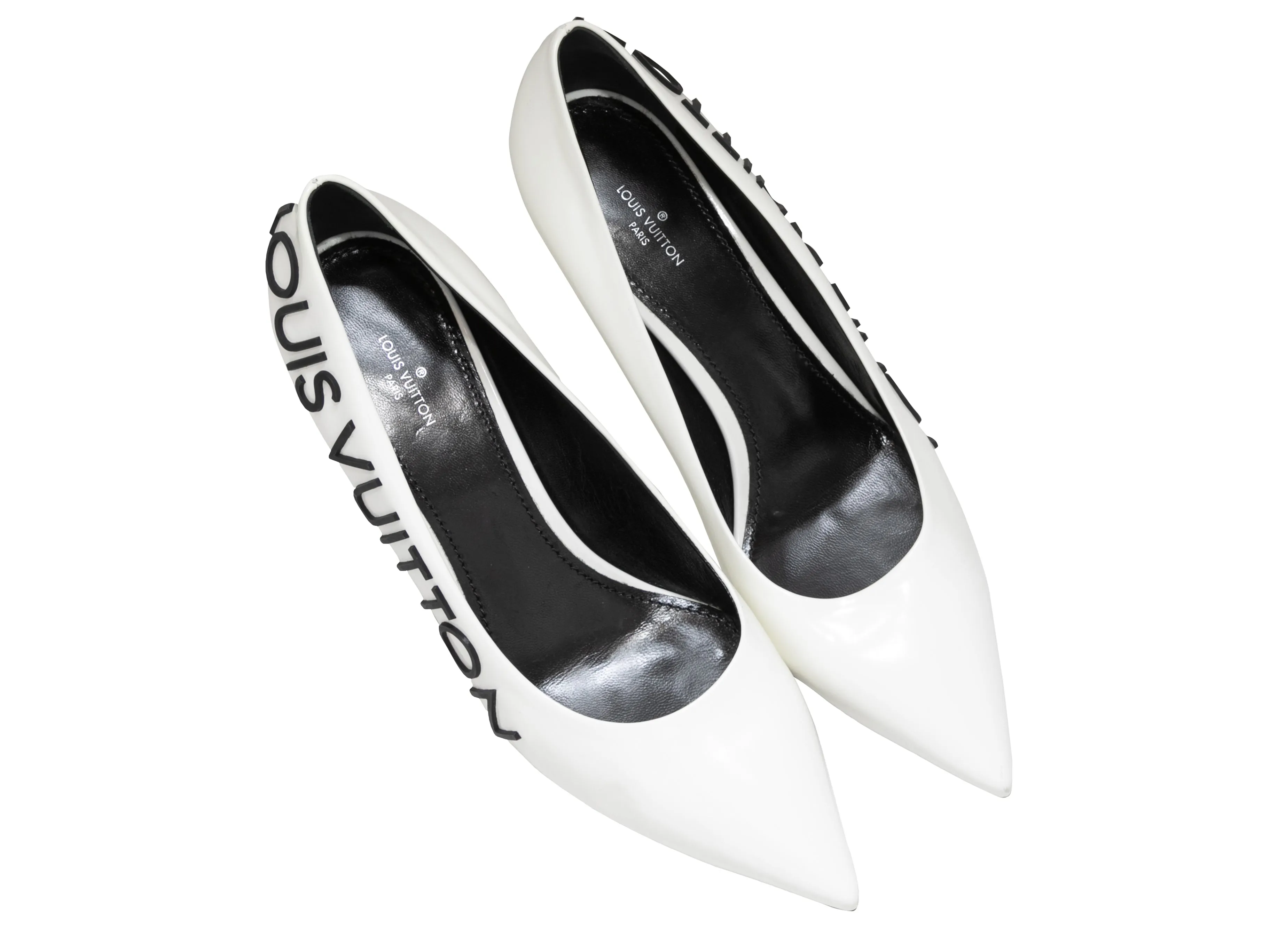 White & Black Louis Vuitton Pointed-Toe Spellout Pumps Size 39.5