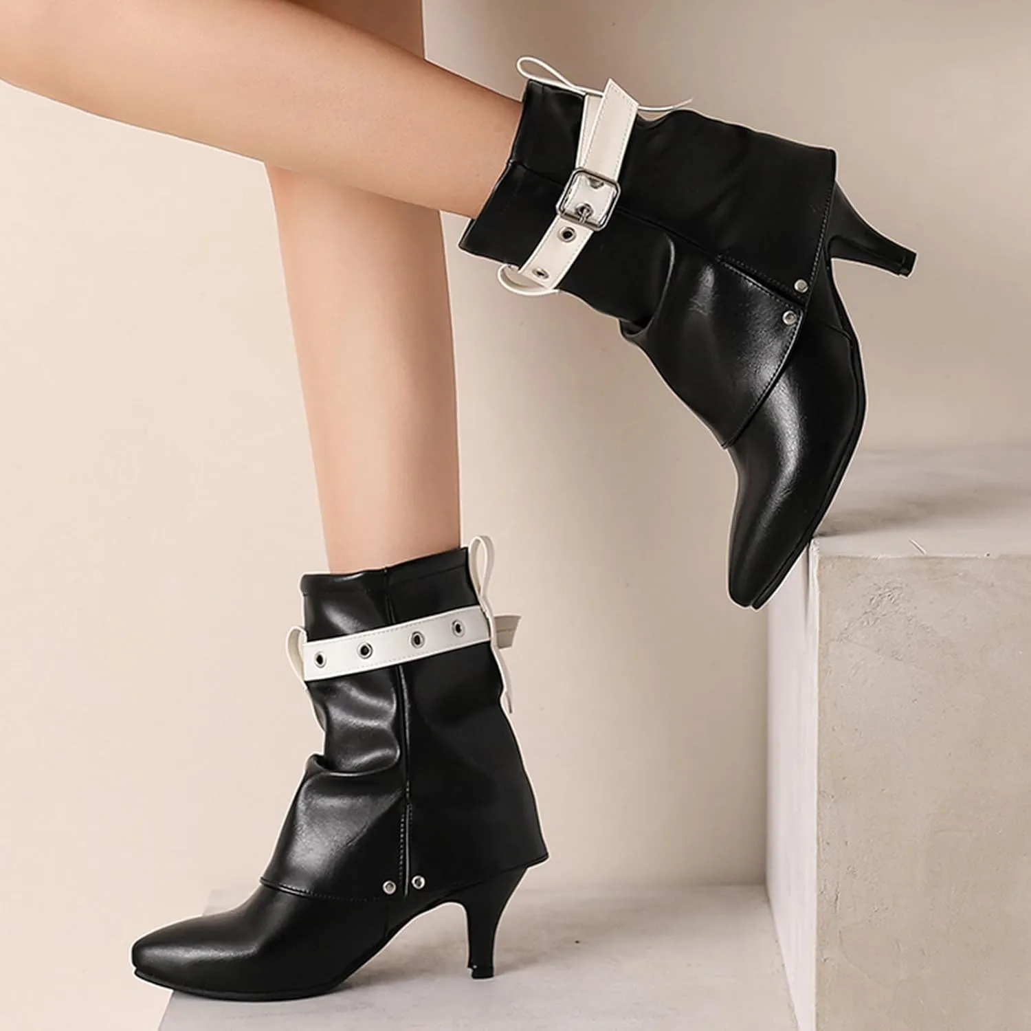 Women Ankle Kitten Heels Pointed Toe Boots Print