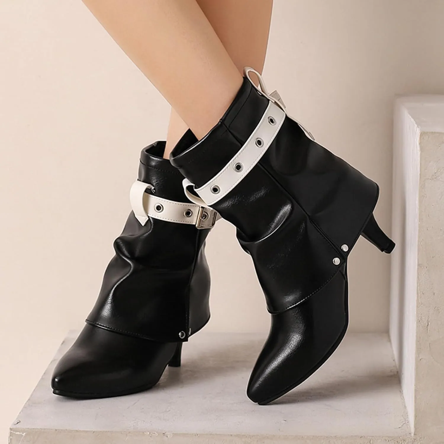 Women Ankle Kitten Heels Pointed Toe Boots Print