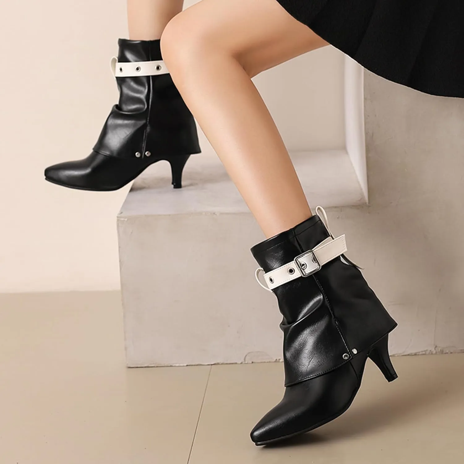 Women Ankle Kitten Heels Pointed Toe Boots Print