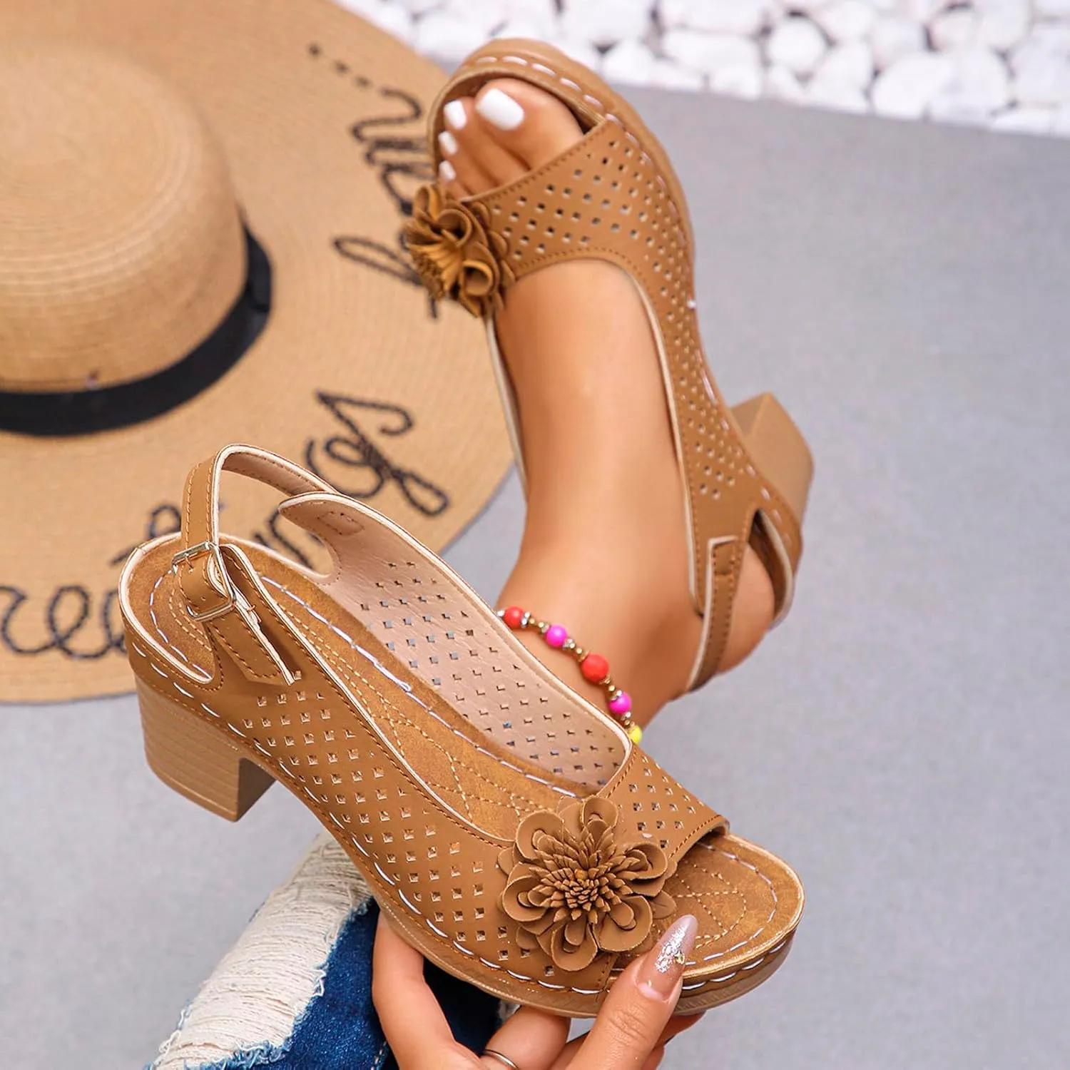 Women Comfy Casual Shoe Open Toe Hollow Flower Wedge Heel Slippers Sandals Flip Flops Women 8 Sandals