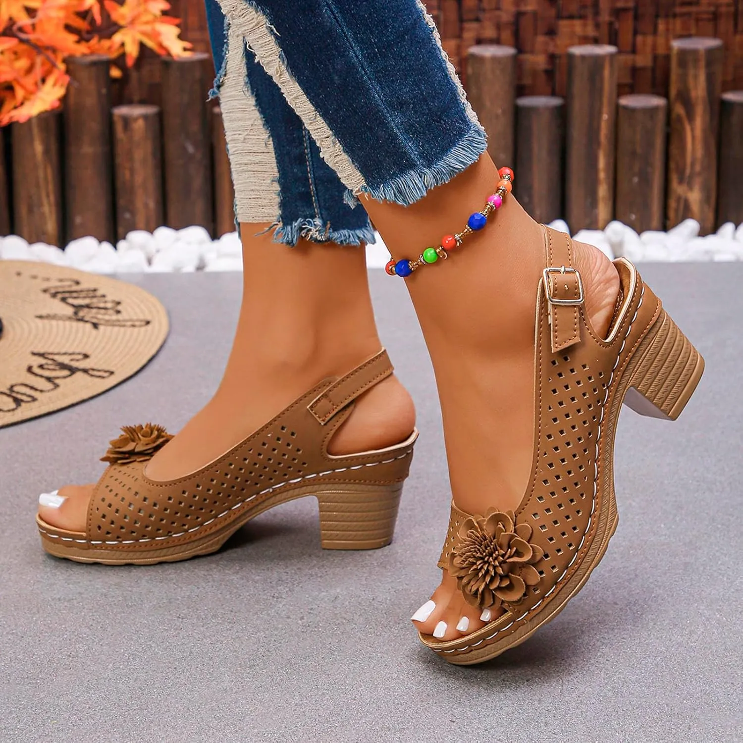 Women Comfy Casual Shoe Open Toe Hollow Flower Wedge Heel Slippers Sandals Flip Flops Women 8 Sandals