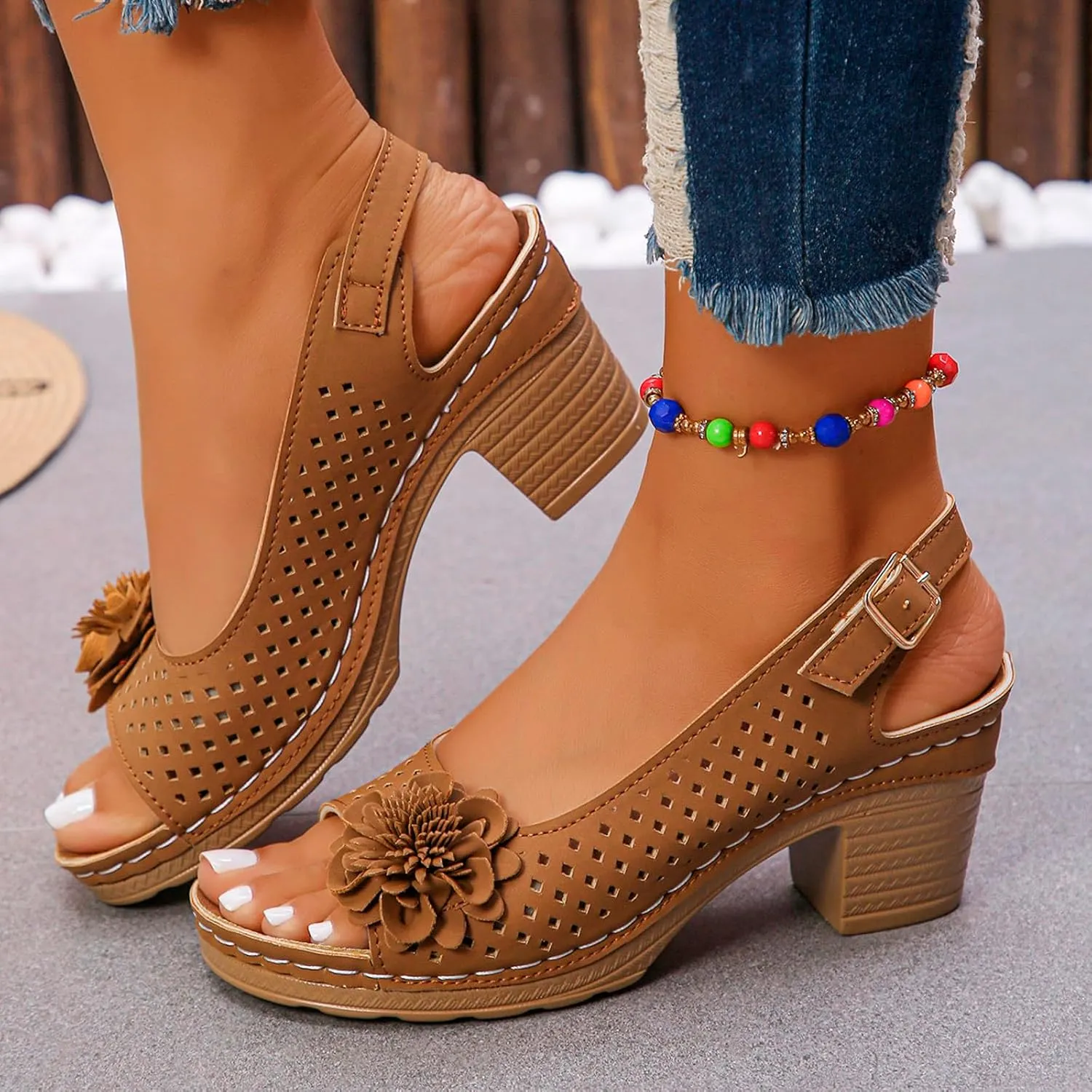 Women Comfy Casual Shoe Open Toe Hollow Flower Wedge Heel Slippers Sandals Flip Flops Women 8 Sandals