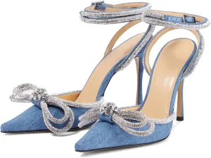 Women High Heeled Sandals Rhinestone Bow Heels Crystal Ankle Strap Stiletto Heeled Pumps Pointed Toe Satin for Bridal Wedding Dress Party Shoes