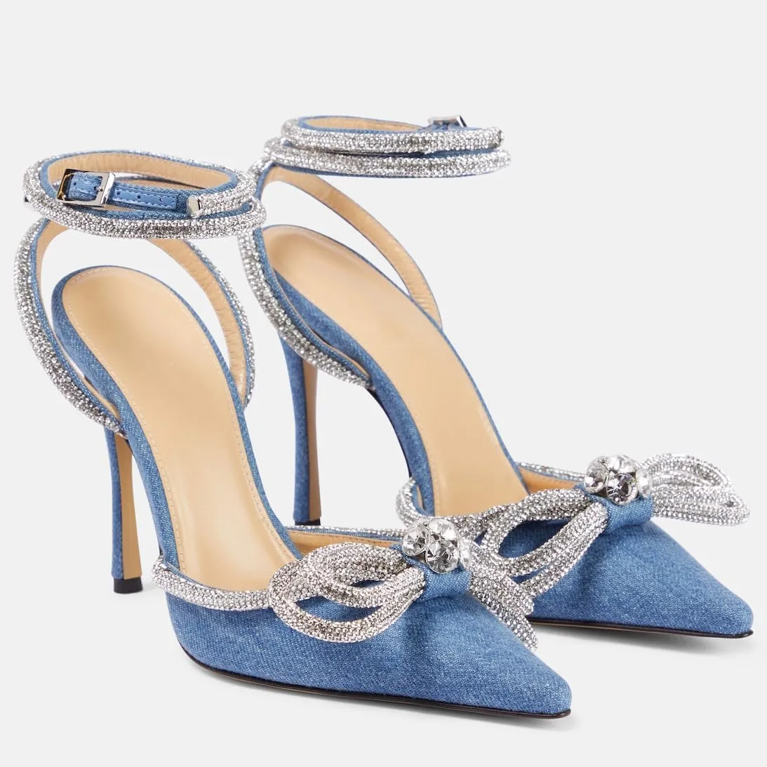 Women High Heeled Sandals Rhinestone Bow Heels Crystal Ankle Strap Stiletto Heeled Pumps Pointed Toe Satin for Bridal Wedding Dress Party Shoes