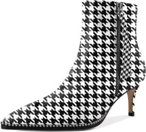 Women Low Heel Boots Pointed Toe with Beaded Short Boot Zipper Kitten Heel Booties 2.5 Inch