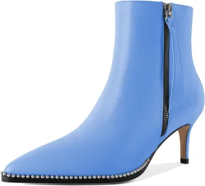 Women Low Heel Boots Pointed Toe with Beaded Short Boot Zipper Kitten Heel Booties 2.5 Inch