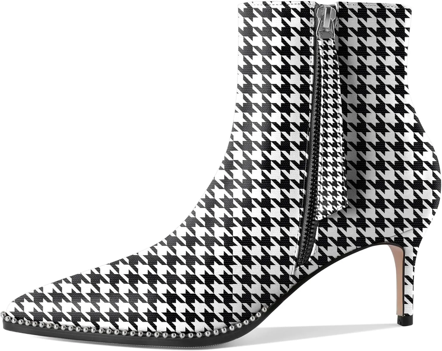 Women Low Heel Boots Pointed Toe with Beaded Short Boot Zipper Kitten Heel Booties 2.5 Inch