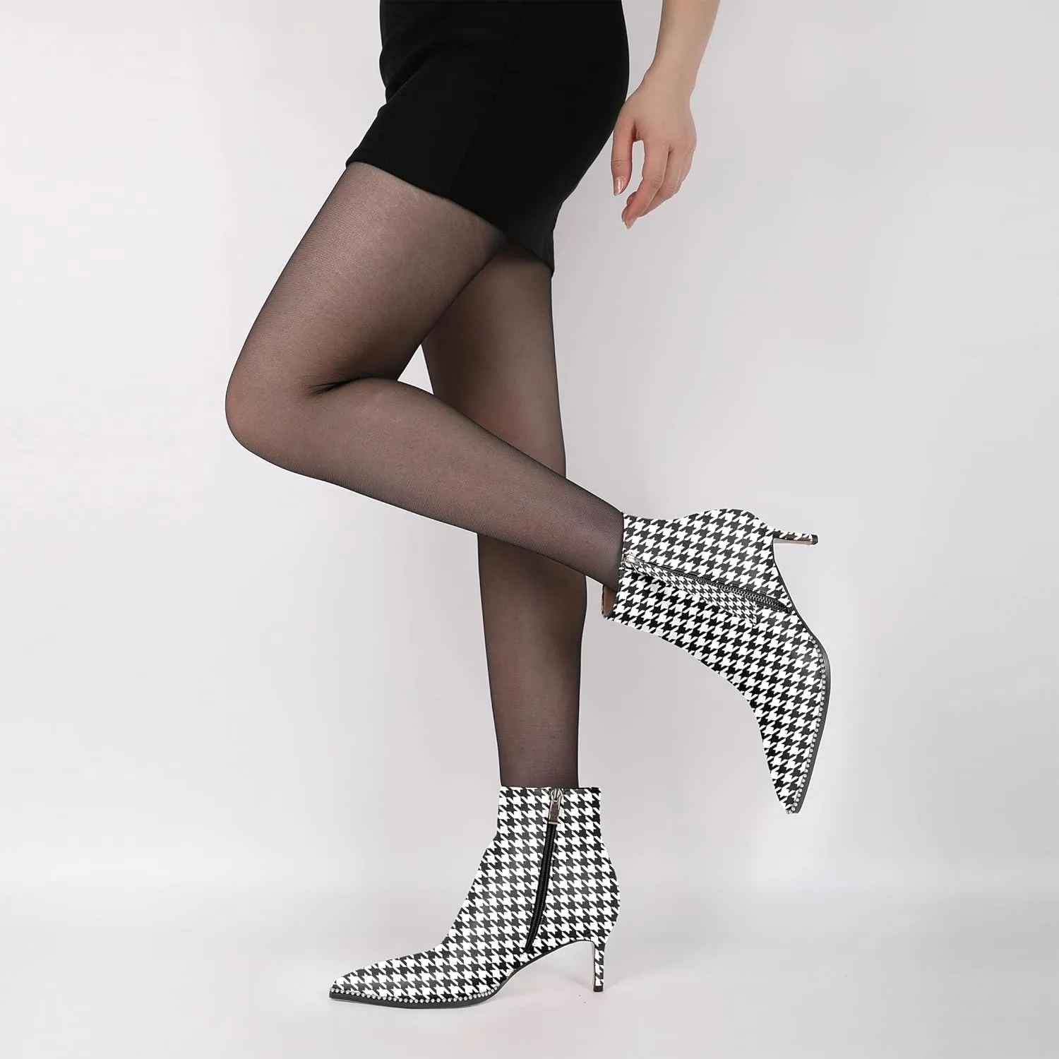Women Low Heel Boots Pointed Toe with Beaded Short Boot Zipper Kitten Heel Booties 2.5 Inch